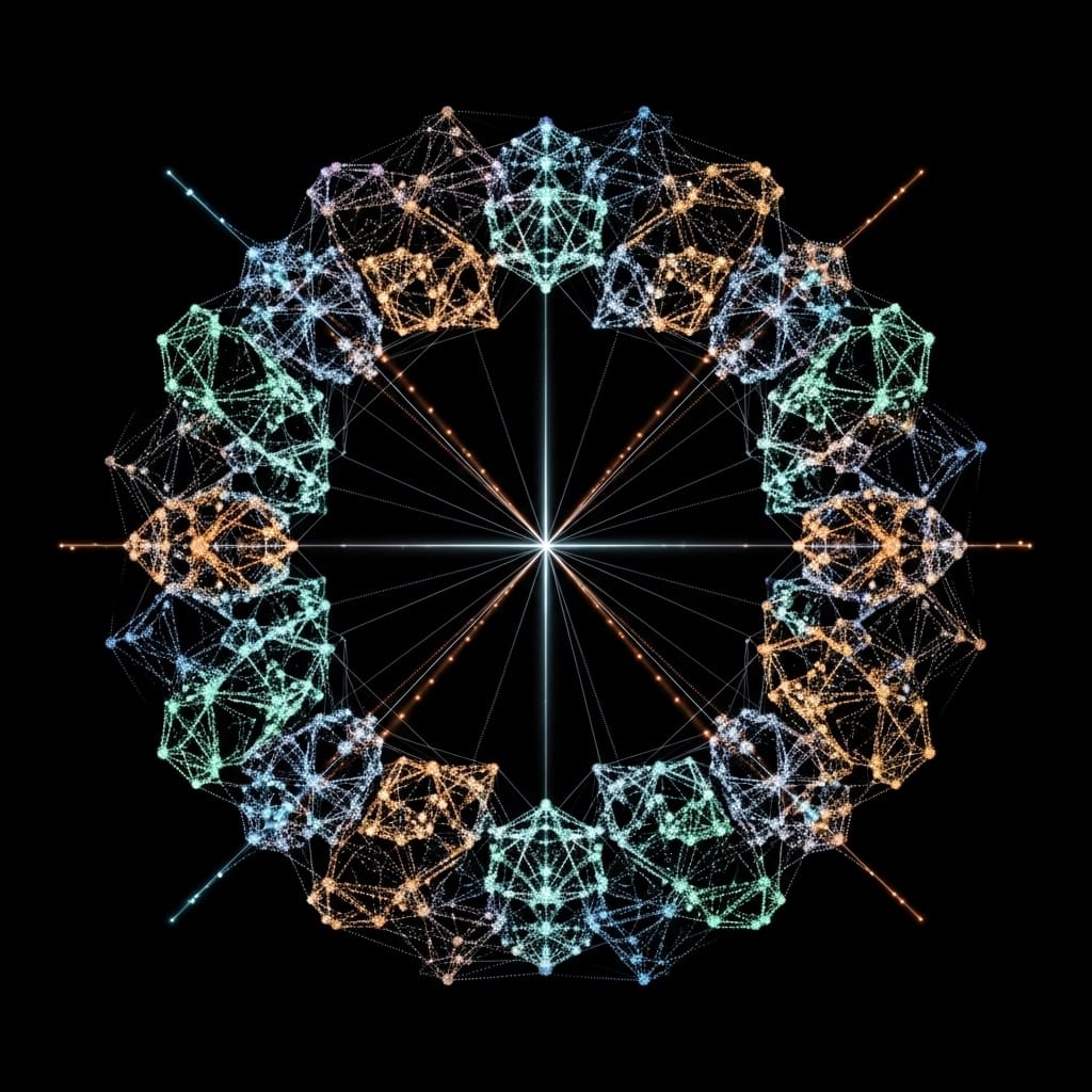 Dynamic particle system rotating in balanced motion, mirrored geometric symmetry axes glowing softly through the structure