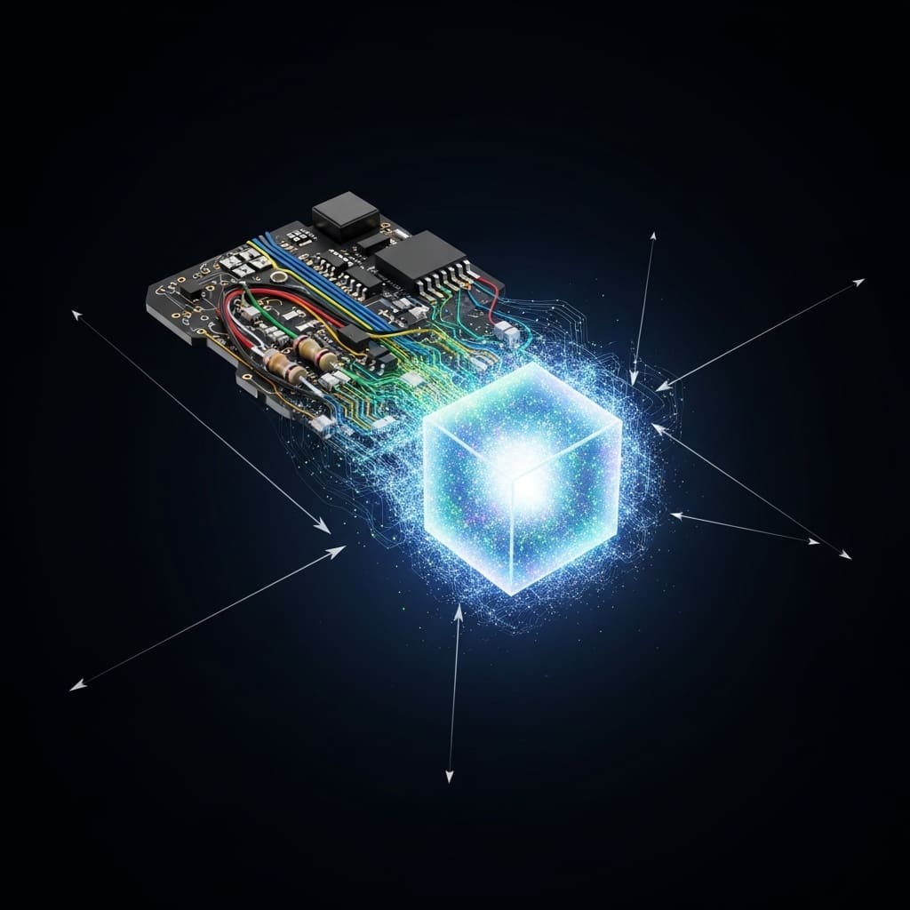 Compact airborne sensor device with classical circuitry merging into glowing quantum core