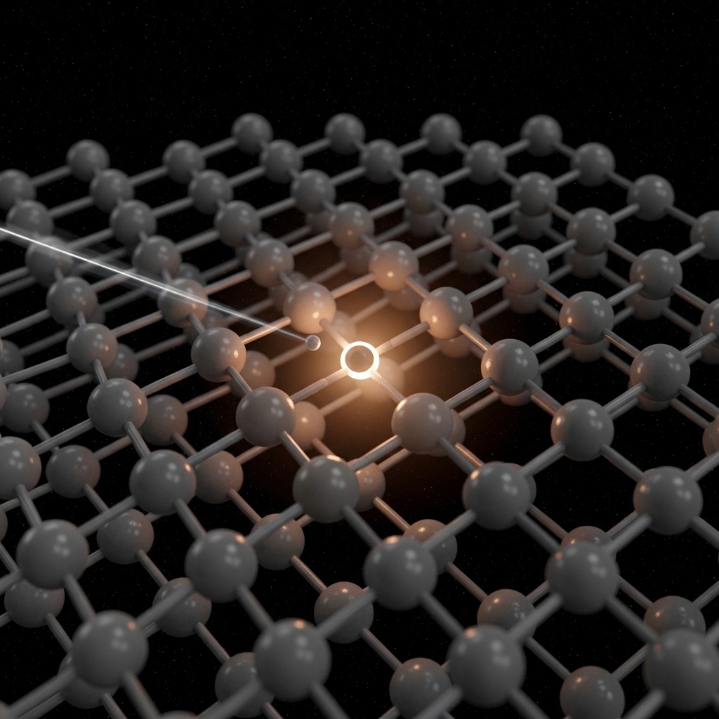 Silicon lattice with single carbon defect center emitting soft near-infrared glow, ion beam trail visible entering crystal