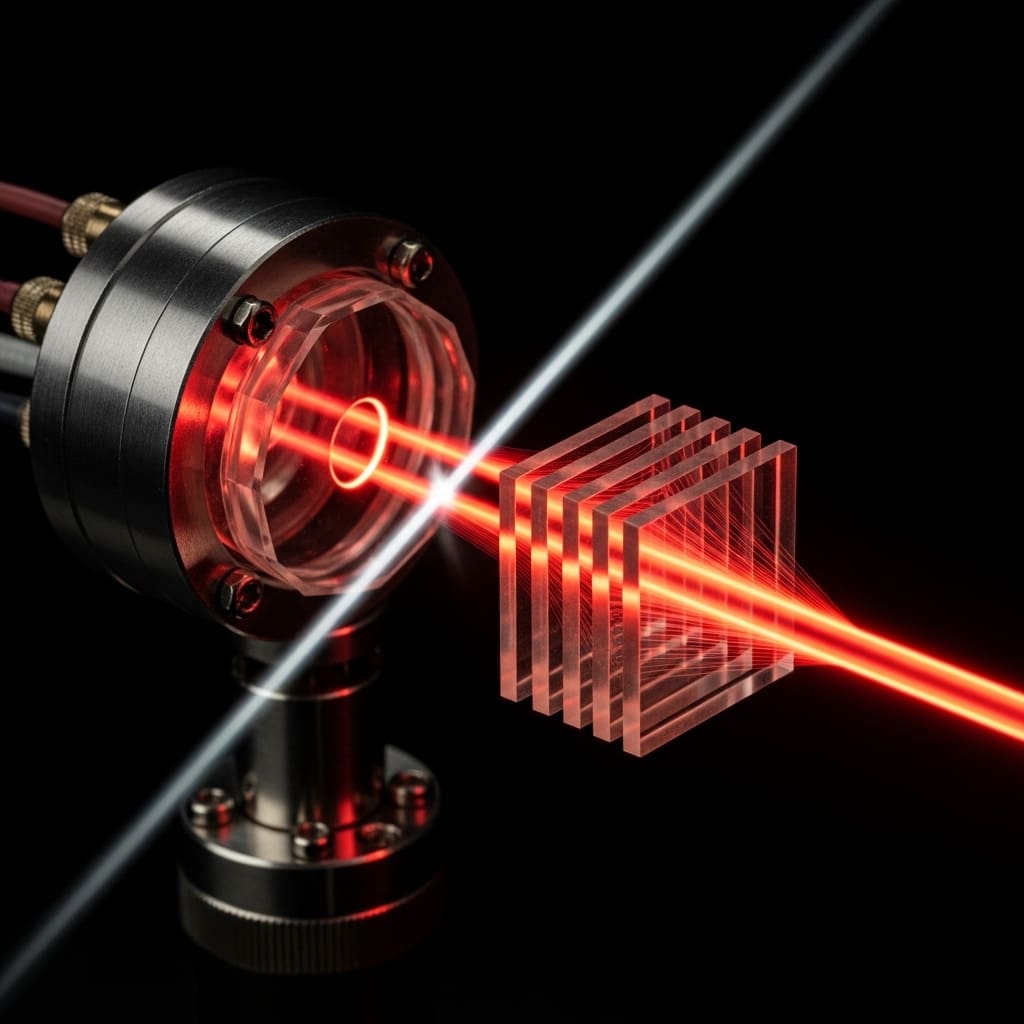 Nonlinear crystal emitting paired photons at 900–950nm, time-sliced light pulses stacking into stronger single-photon output