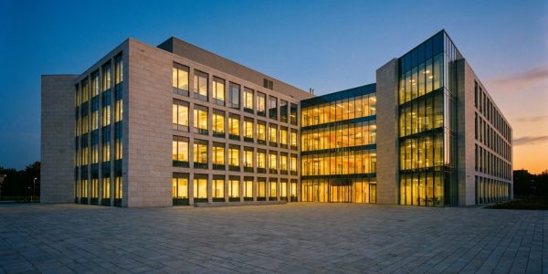 A modern university science building at dusk
