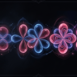 A row of hydrogen-like electron orbitals rendered as translucent lobes, progressing from a simple sphere to multi-lobed shapes