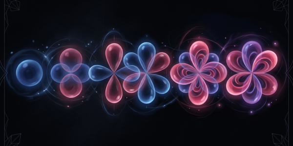 A row of hydrogen-like electron orbitals rendered as translucent lobes, progressing from a simple sphere to multi-lobed shapes