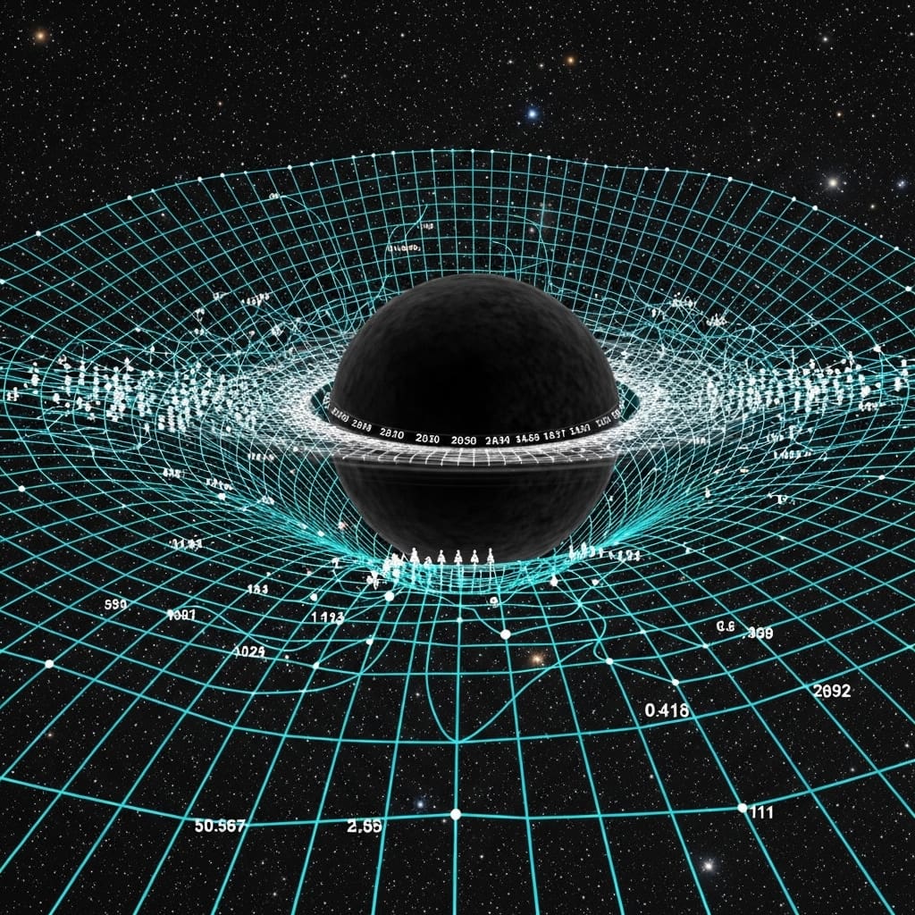 Curved spacetime grid bending around massive object, measurement markers fading or distorting along the curvature