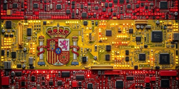 Spain quantum computing companies, the Spanish flag rendered in circuit boards
