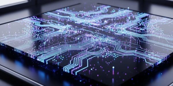 A dark square chip lit with blue and purple circuit traces and particle dots