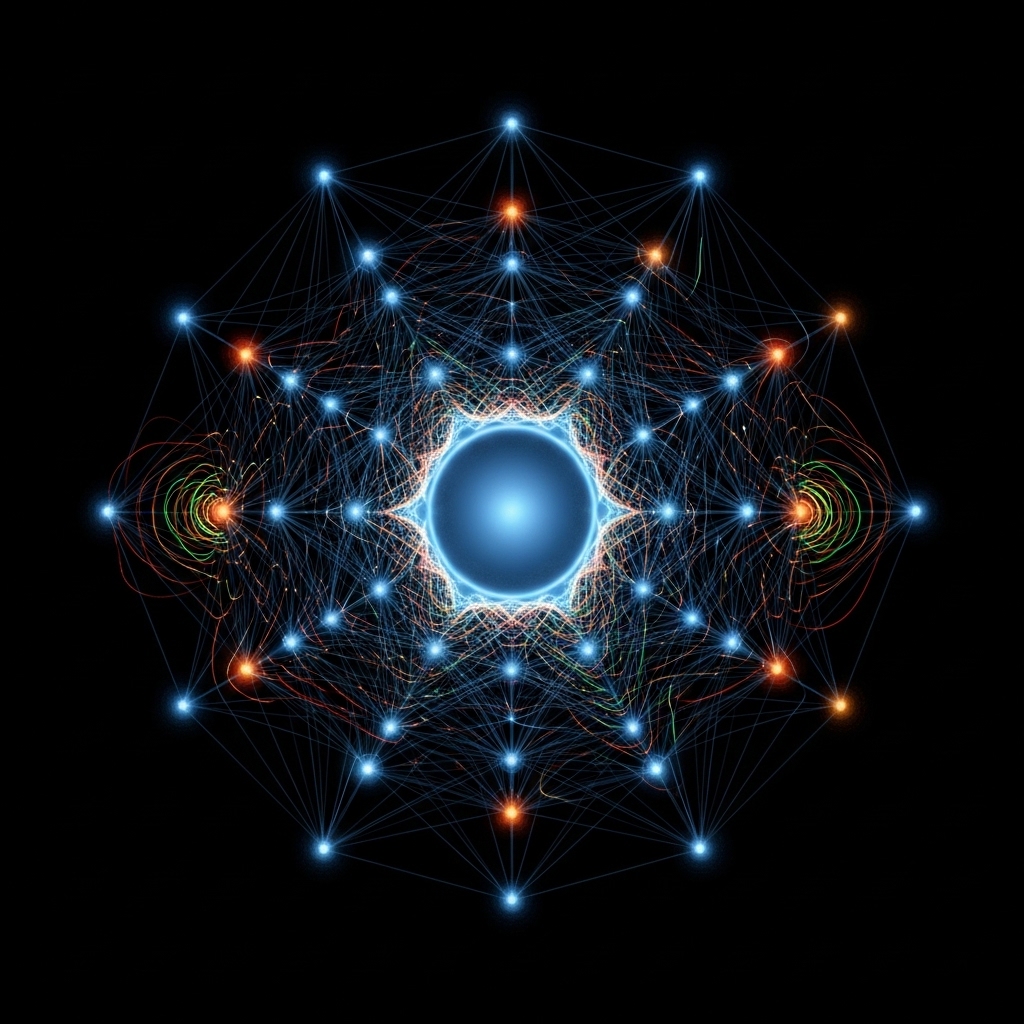 Continuous-variable grid state lattice with noisy auxiliary states feeding into stabilized logical qubit core, error ripples being absorbed cleanly