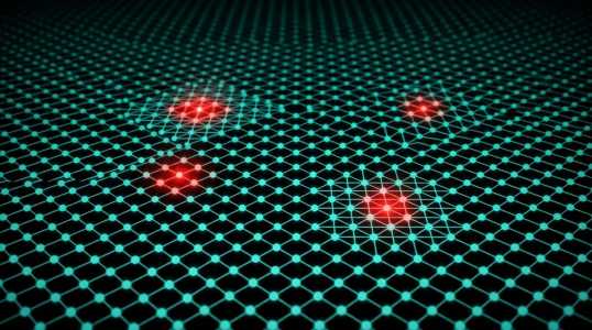 A teal lattice structure with red glowing points distorts the grid, set against a black background