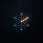A geometric arrangement of glowing blue nodes connected by lines, with a bright orange energy filament crossing one segment, set against a dark starfield.