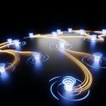 Superconducting surface with microscopic swirling vortices glowing at discrete points, smooth current flowing around them