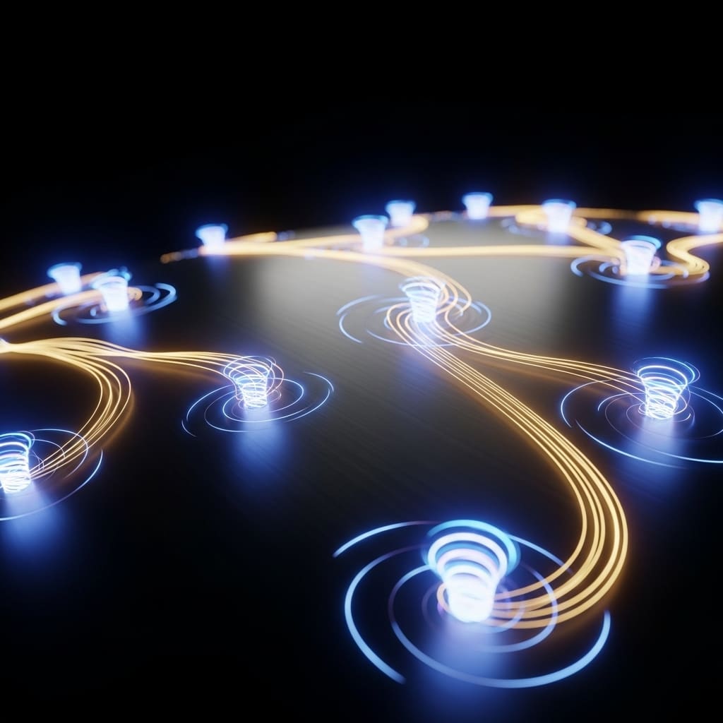 Superconducting surface with microscopic swirling vortices glowing at discrete points, smooth current flowing around them