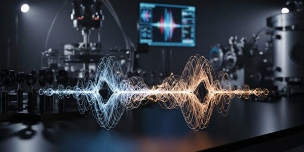 A photonics laboratory bench with blue and orange wave packets rendered above optical instruments
