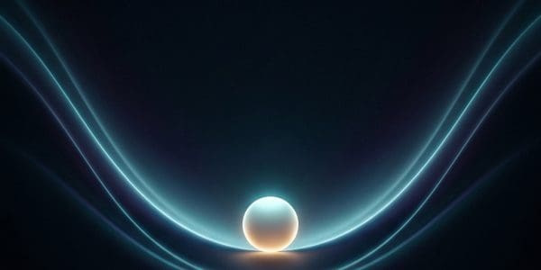 A softly glowing sphere sitting at the low point of a curved valley traced by faint blue light lines on a dark background.