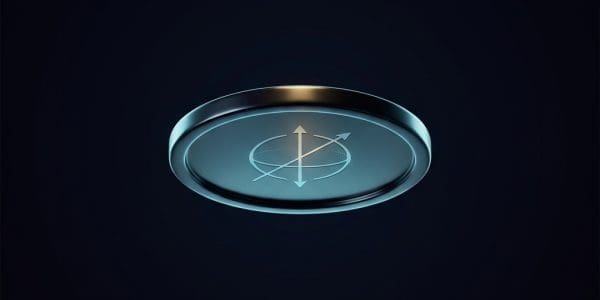 A dark metallic disc floating on a near-black background, its face engraved with a glowing three-axis sphere-and-arrows symbol resembling a Bloch sphere.