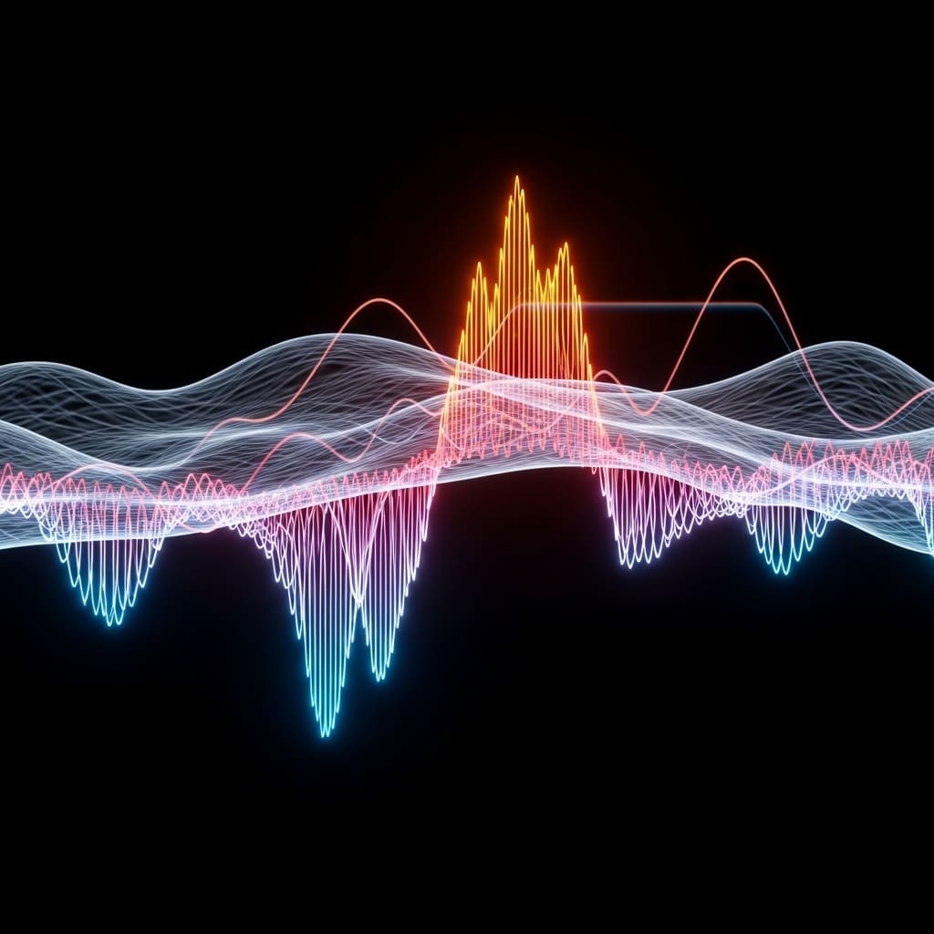 Time-evolving waveform with subtle phase shift emerging beneath surface layer, glowing dynamic contours, black background