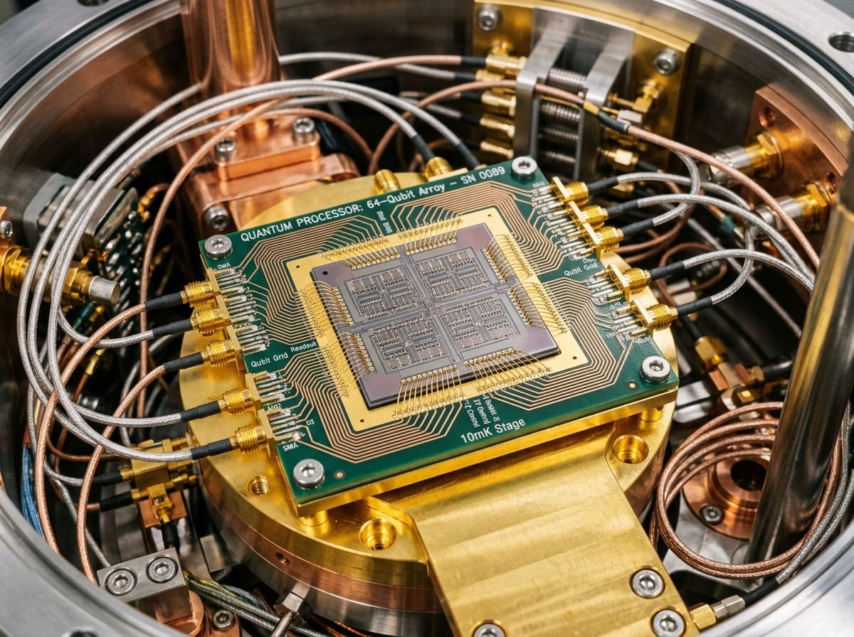 Top quantum hardware companies in 2026: superconducting quantum processor mounted at the 10mK stage of a dilution refrigerator