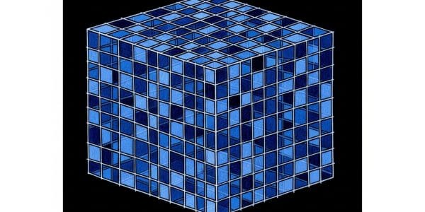 Blue wireframe cube composed of a 3D grid of cells on a black background
