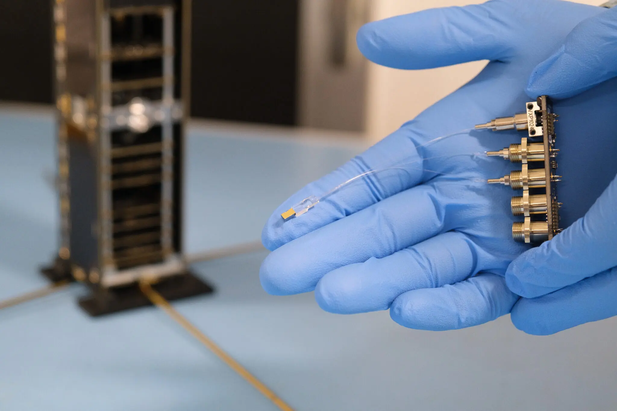 The PRISM payload with the asymmetric Mach-Zehnder Interferometer photonic chip, laser and photodiode, together with the