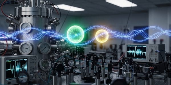 An optics laboratory with green and yellow glowing orbs connected by blue waveforms among lab equipment