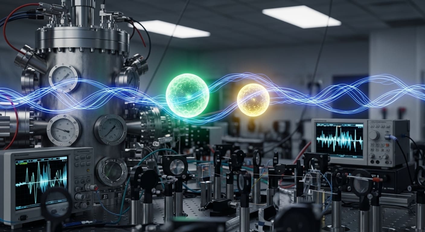 An optics laboratory with green and yellow glowing orbs connected by blue waveforms among lab equipment
