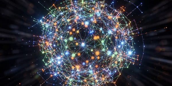 Colorful spherical network of glowing particle nodes connected by thin lines on black