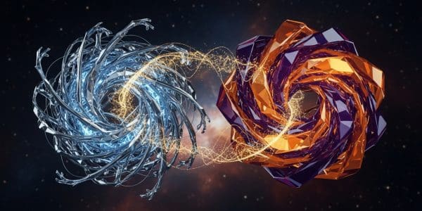 Two swirling crystalline sculptures, one blue one orange, joined by a thread of golden light in space