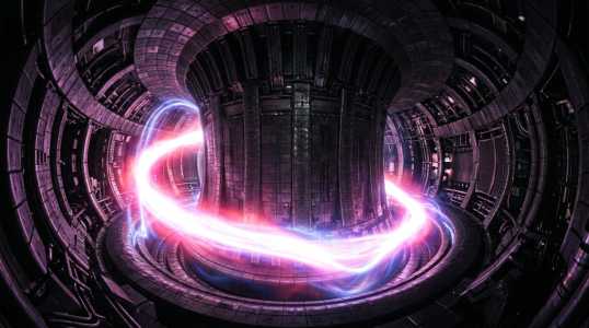 A circular, glowing energy stream dominates a dark, cylindrical research facility with metallic walls and a central opening.