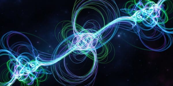 Tangled neon blue and green looping energy filaments swirling against a starry dark background.