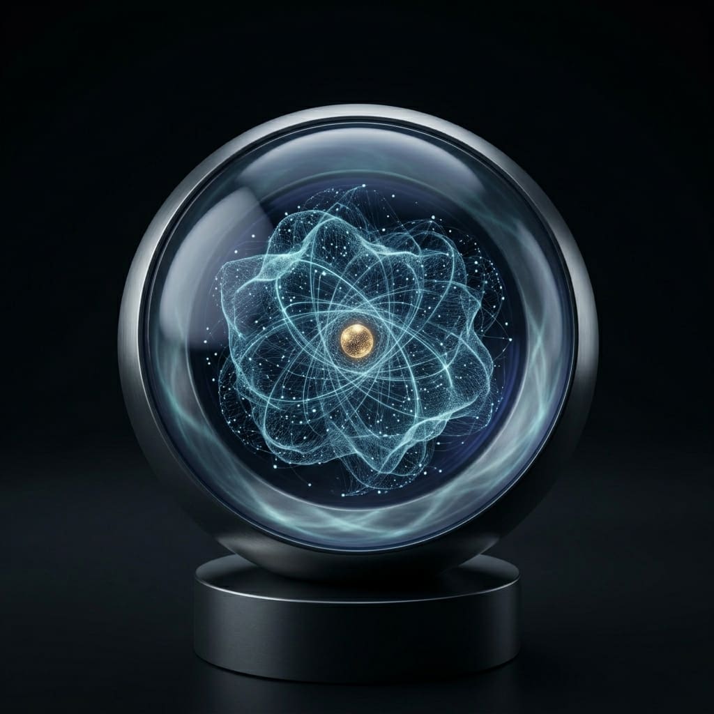 A spherical glass device on a metal pedestal enclosing a glowing blue web-like atomic structure with a golden core.