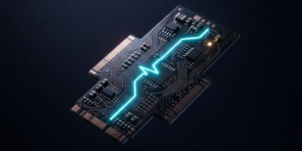 A small dark printed circuit board with a glowing cyan zigzag light line running across its surface, set on a dark reflective background.
