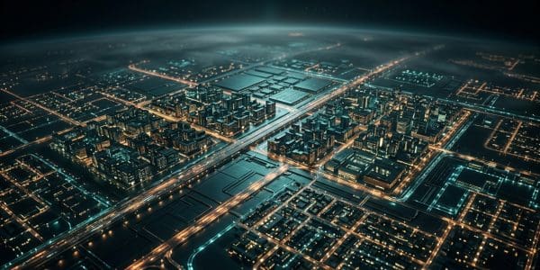 A circuit board lit like a city seen from the air
