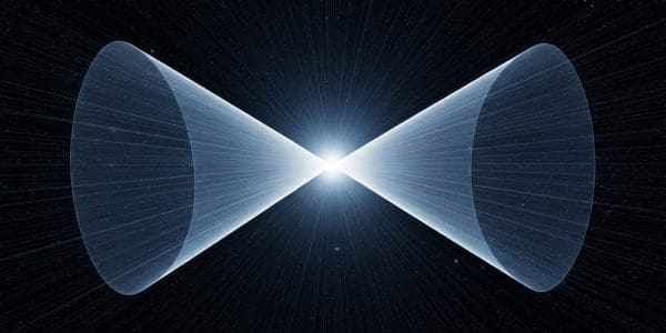 Two luminous cones meeting tip-to-tip at a bright flare against a starfield