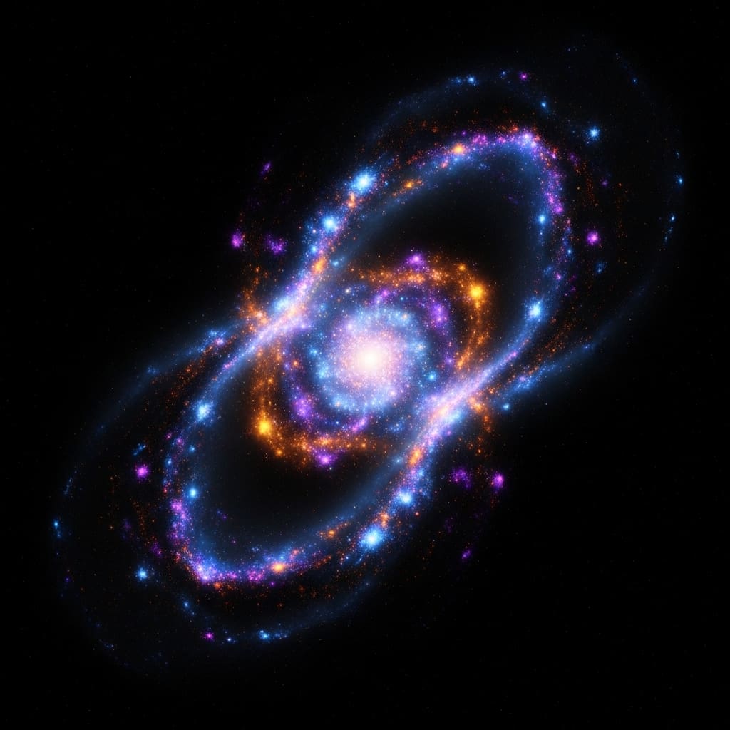 Glowing visible matter cluster intertwined with faint invisible dark halo structure, asymmetry between two sides subtly visible