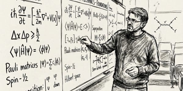 Illustration of Vlatko Vedral, Oxford quantum physicist, writing quantum mechanics equations on a blackboard