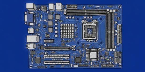 A blue-toned top-down 3D render of a bare computer motherboard with CPU socket and slots.