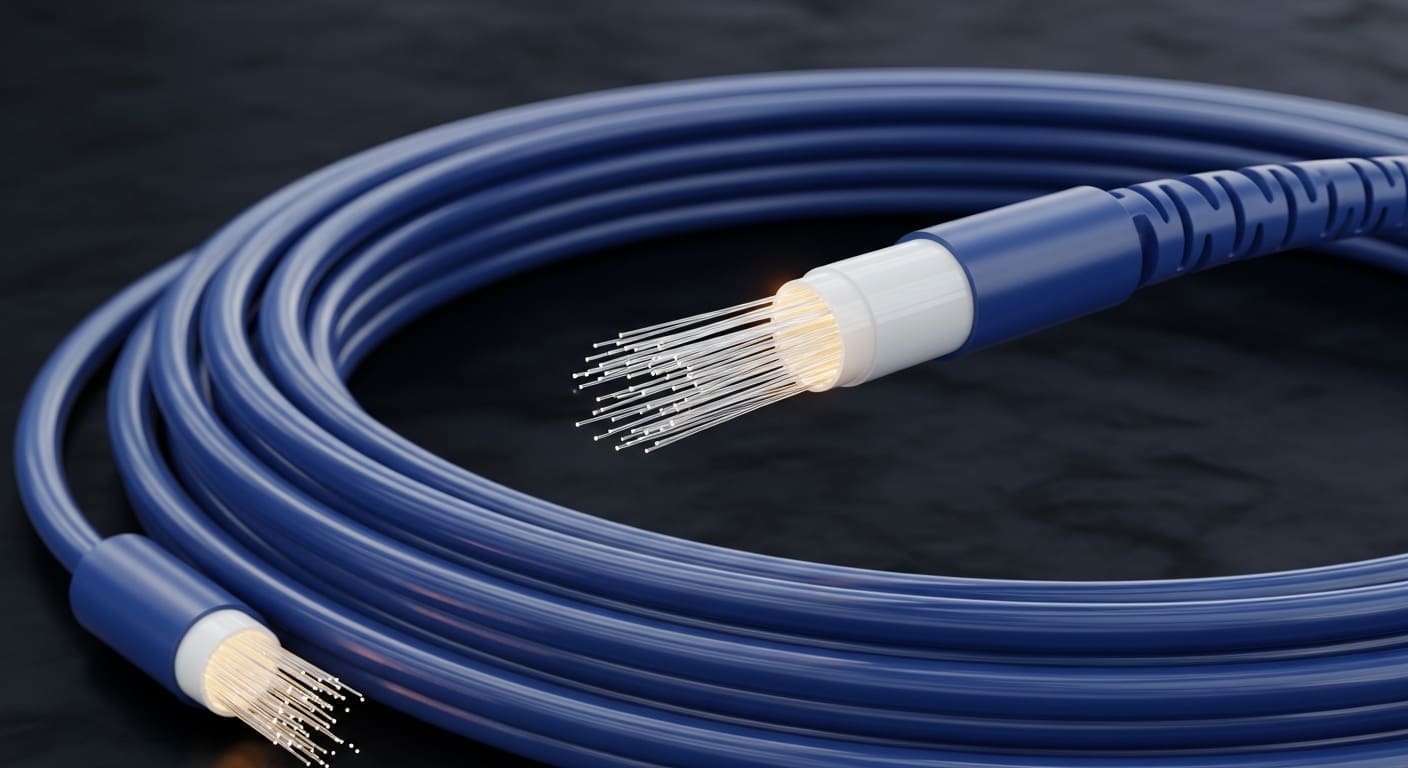 Fibre-optic bundles glowing with transmitted light