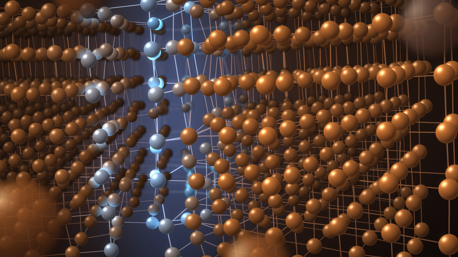 Two misoriented crystal grains meeting along a strained boundary