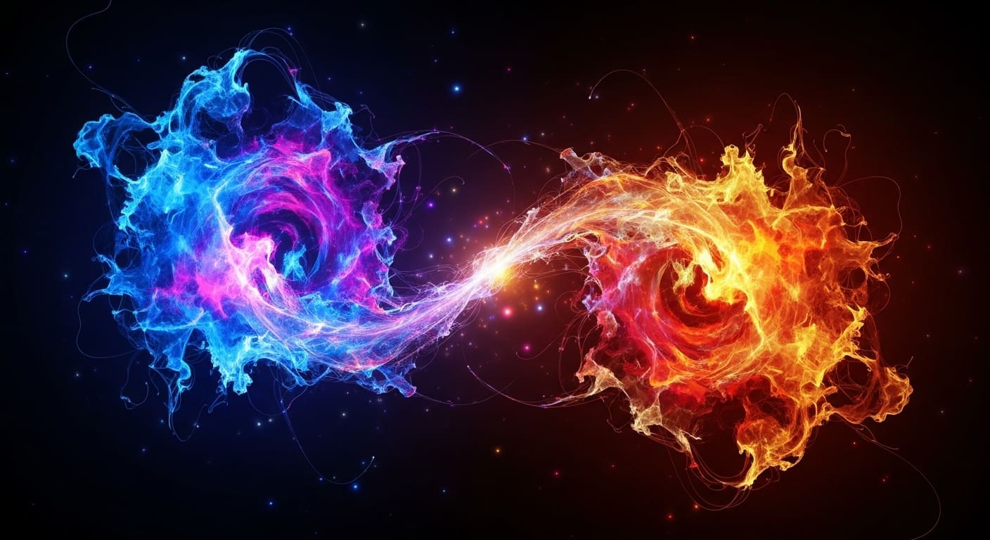 Cold blue and hot orange plasma swirls connected by a thread of light in space